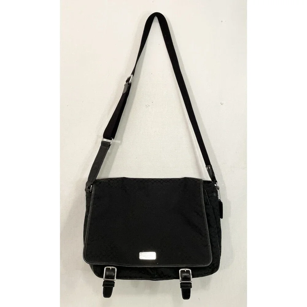 Coach Saddle Signature Messenger Black Canvas Bag F70293 Green Interior Unisex